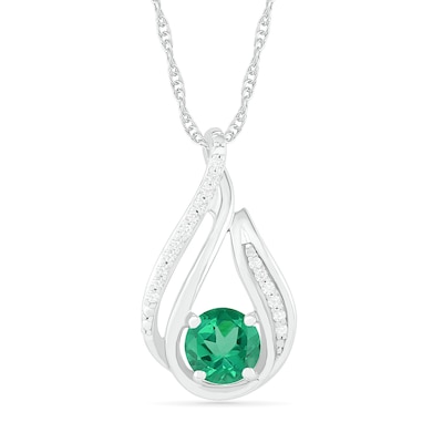 6.0mm Lab-Created Emerald and 0.066 CT. T.W. Diamond Beaded Open Flame Pendant in Sterling Silver