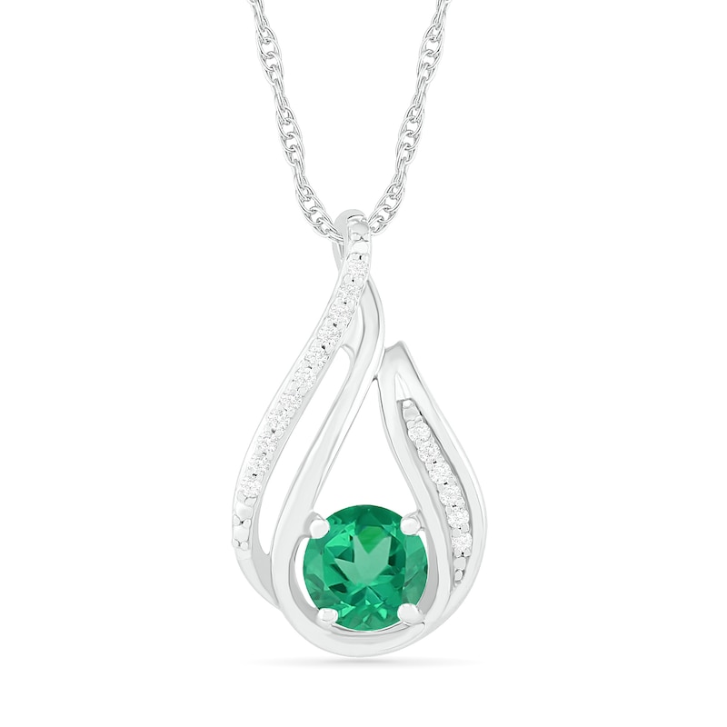 6.0mm Lab-Created Emerald and 0.066 CT. T.W. Diamond Beaded Open Flame Pendant in Sterling Silver|Peoples Jewellers