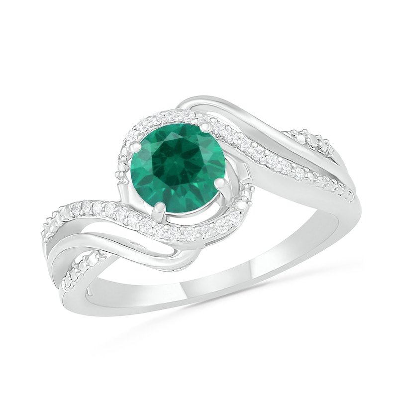 6.0mm Lab-Created Emerald and 0.065 CT. T.W. Diamond Beaded Triple Row Bypass Twist Shank Ring in Sterling Silver|Peoples Jewellers
