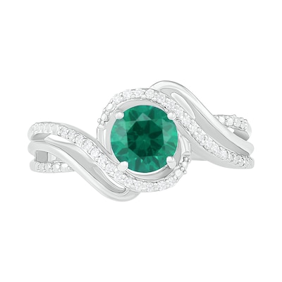 6.0mm Lab-Created Emerald and 0.065 CT. T.W. Diamond Beaded Triple Row Bypass Twist Shank Ring in Sterling Silver