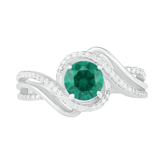 6.0mm Lab-Created Emerald and 0.065 CT. T.W. Diamond Beaded Triple Row Bypass Twist Shank Ring in Sterling Silver