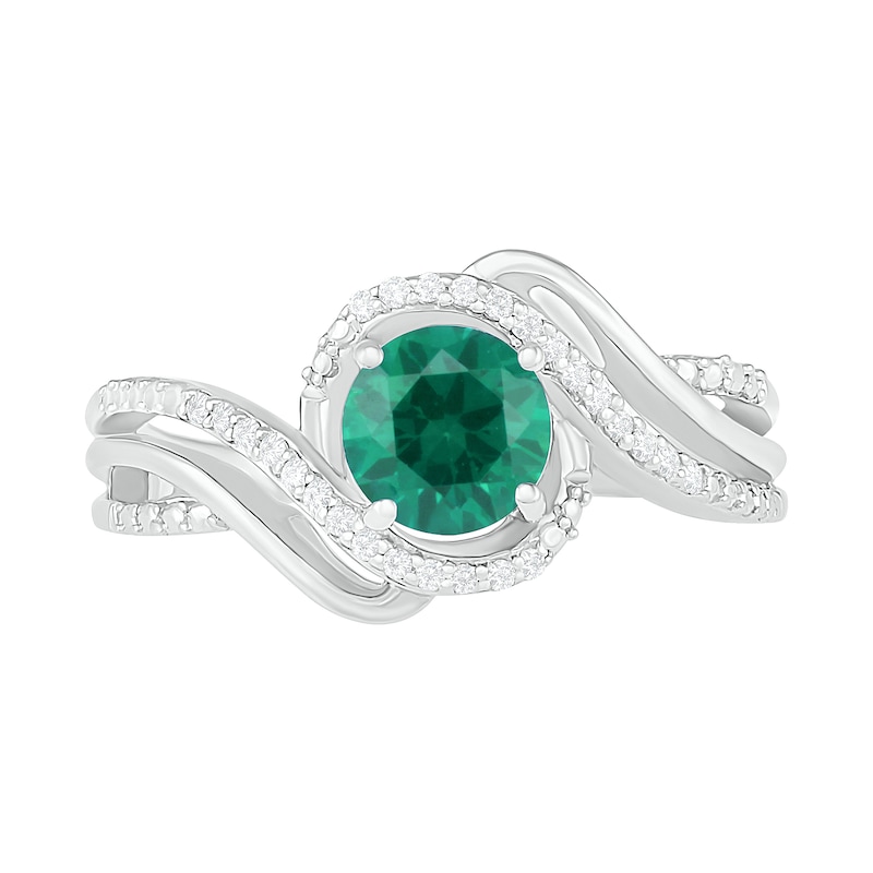 6.0mm Lab-Created Emerald and 0.065 CT. T.W. Diamond Beaded Triple Row Bypass Twist Shank Ring in Sterling Silver|Peoples Jewellers