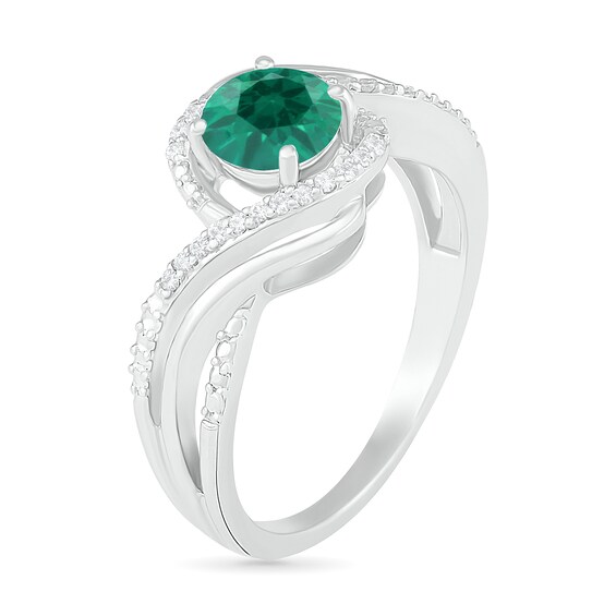 6.0mm Lab-Created Emerald and 0.065 CT. T.W. Diamond Beaded Triple Row Bypass Twist Shank Ring in Sterling Silver