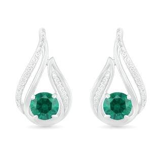 5.0mm Lab-Created Emerald and 0.065 CT. T.W. Diamond Beaded Open Flame Stud Earrings in Sterling Silver