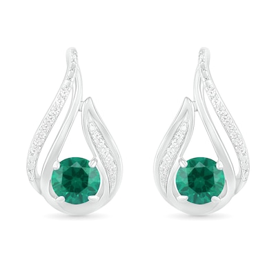 5.0mm Lab-Created Emerald and 0.065 CT. T.W. Diamond Beaded Open Flame Stud Earrings in Sterling Silver