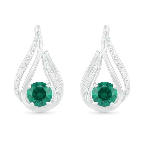 5.0mm Lab-Created Emerald and 0.065 CT. T.W. Diamond Beaded Open Flame Stud Earrings in Sterling Silver