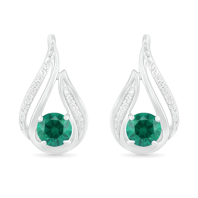 5.0mm Lab-Created Emerald and 0.065 CT. T.W. Diamond Beaded Open Flame Stud Earrings in Sterling Silver|Peoples Jewellers