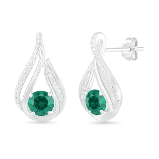 5.0mm Lab-Created Emerald and 0.065 CT. T.W. Diamond Beaded Open Flame Stud Earrings in Sterling Silver