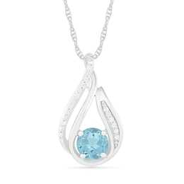 6.0mm Aquamarine and 0.066 CT. T.W. Diamond Beaded Open Flame Pendant in Sterling Silver