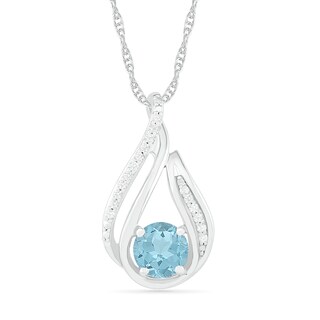 6.0mm Aquamarine and 0.066 CT. T.W. Diamond Beaded Open Flame Pendant in Sterling Silver