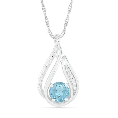 6.0mm Aquamarine and 0.066 CT. T.W. Diamond Beaded Open Flame Pendant in Sterling Silver