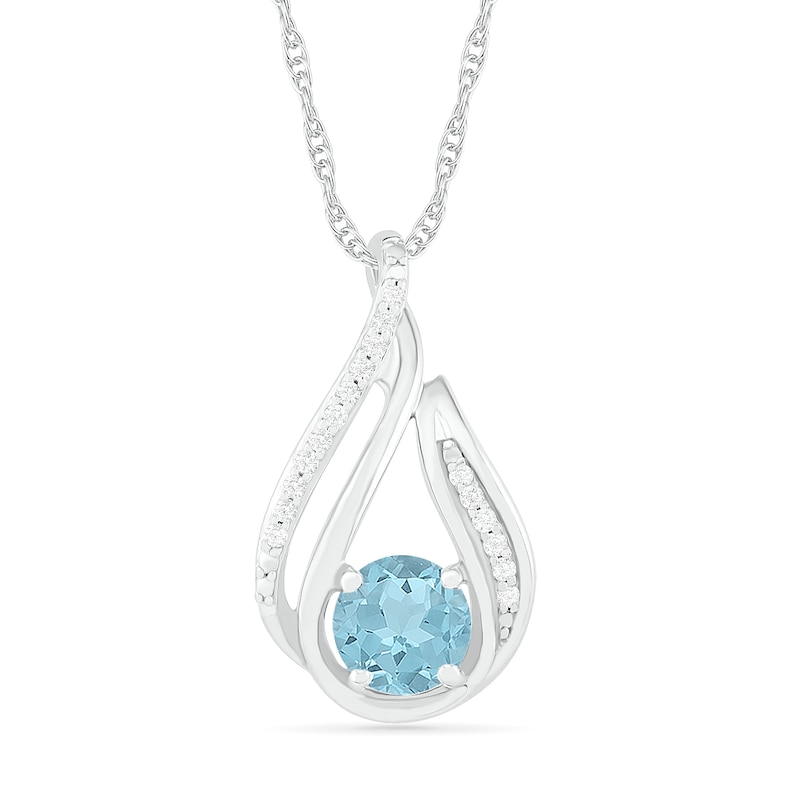 6.0mm Aquamarine and 0.066 CT. T.W. Diamond Beaded Open Flame Pendant in Sterling Silver