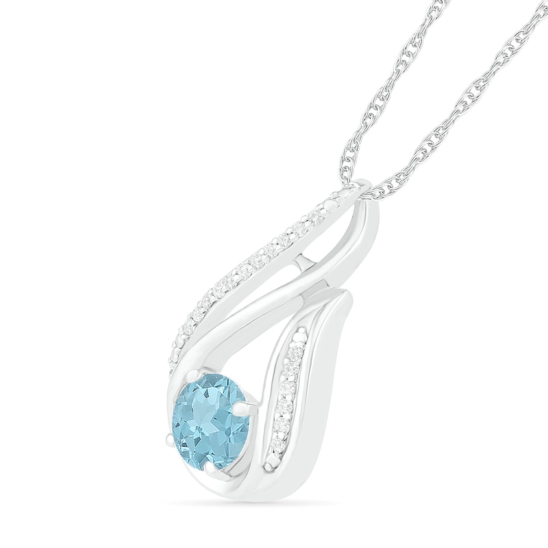 6.0mm Aquamarine and 0.066 CT. T.W. Diamond Beaded Open Flame Pendant in Sterling Silver