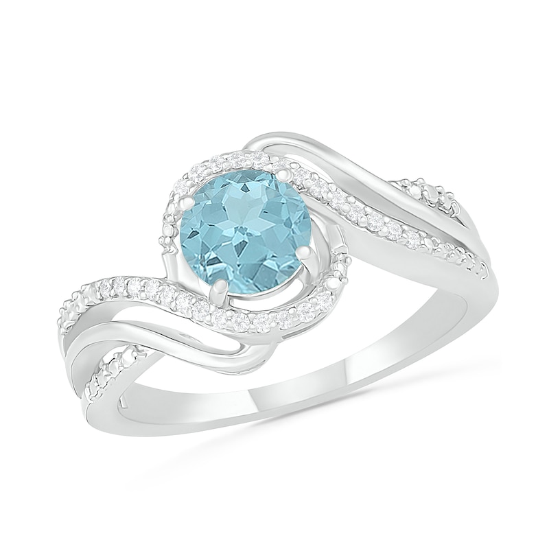 6.0mm Aquamarine and 0.065 CT. T.W. Diamond Beaded Triple Row Bypass Twist Shank Ring in Sterling Silver|Peoples Jewellers