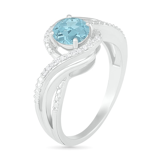 6.0mm Aquamarine and 0.065 CT. T.W. Diamond Beaded Triple Row Bypass Twist Shank Ring in Sterling Silver