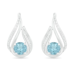 5.0mm Aquamarine and 0.065 CT. T.W. Diamond Beaded Open Flame Stud Earrings in Sterling Silver