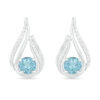 5.0mm Aquamarine and 0.065 CT. T.W. Diamond Beaded Open Flame Stud Earrings in Sterling Silver