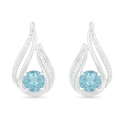 5.0mm Aquamarine and 0.065 CT. T.W. Diamond Beaded Open Flame Stud Earrings in Sterling Silver