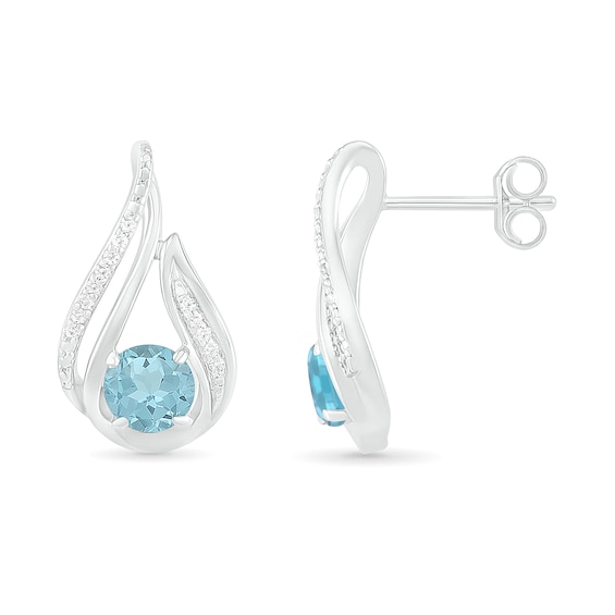 5.0mm Aquamarine and 0.065 CT. T.W. Diamond Beaded Open Flame Stud Earrings in Sterling Silver