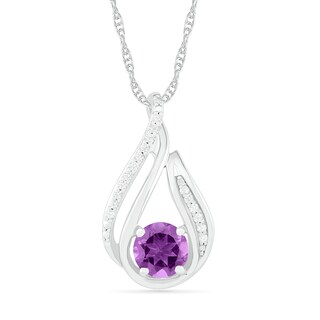 6.0mm Amethyst and 0.066 CT. T.W. Diamond Beaded Open Flame Pendant in Sterling Silver