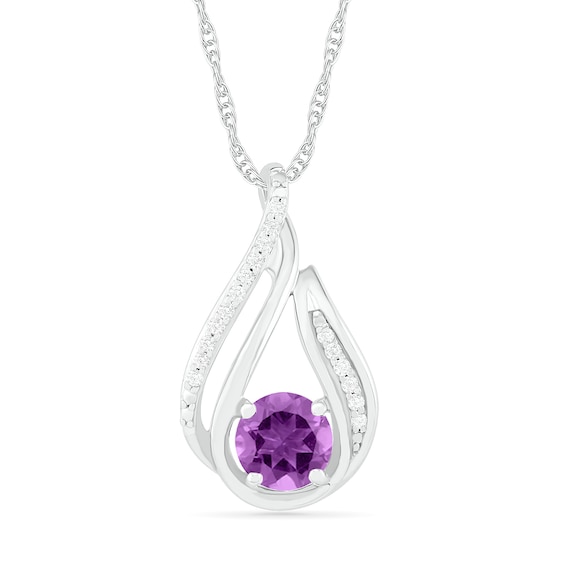 6.0mm Amethyst and 0.066 CT. T.W. Diamond Beaded Open Flame Pendant in Sterling Silver