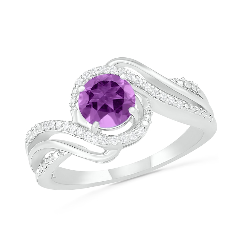 6.0mm Amethyst and 0.065 CT. T.W. Diamond Beaded Triple Row Bypass Twist Shank Ring in Sterling Silver|Peoples Jewellers