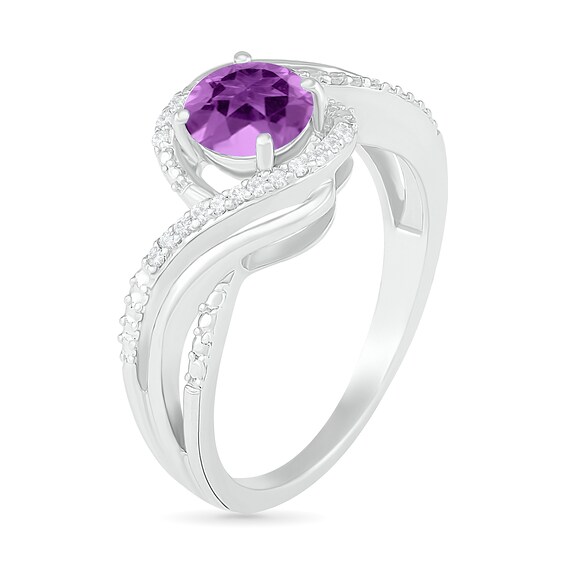 6.0mm Amethyst and 0.065 CT. T.W. Diamond Beaded Triple Row Bypass Twist Shank Ring in Sterling Silver