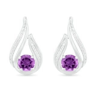 5.0mm Amethyst and 0.065 CT. T.W. Diamond Beaded Open Flame Stud Earrings in Sterling Silver