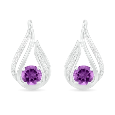 5.0mm Amethyst and 0.065 CT. T.W. Diamond Beaded Open Flame Stud Earrings in Sterling Silver