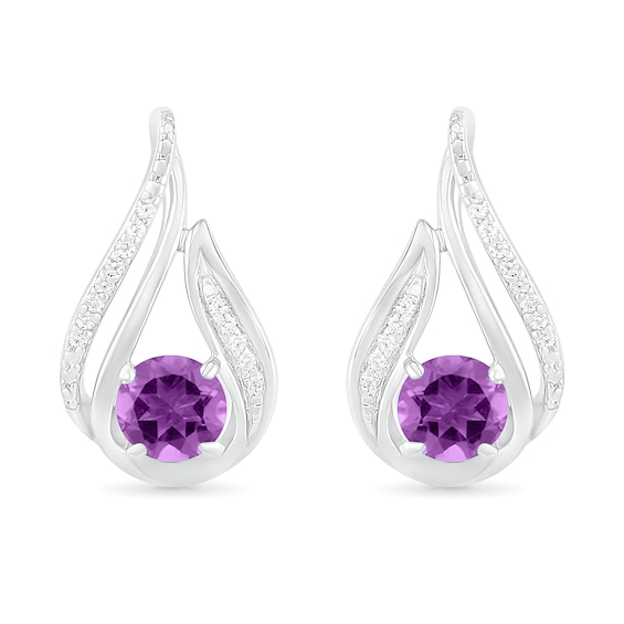 5.0mm Amethyst and 0.065 CT. T.W. Diamond Beaded Open Flame Stud Earrings in Sterling Silver