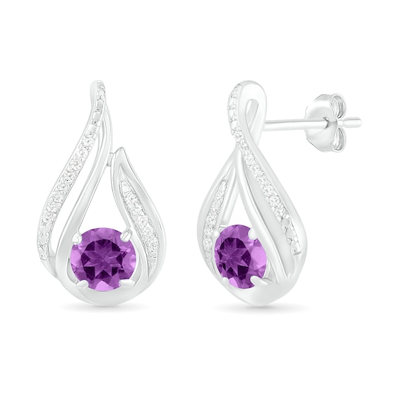 5.0mm Amethyst and 0.065 CT. T.W. Diamond Beaded Open Flame Stud Earrings in Sterling Silver