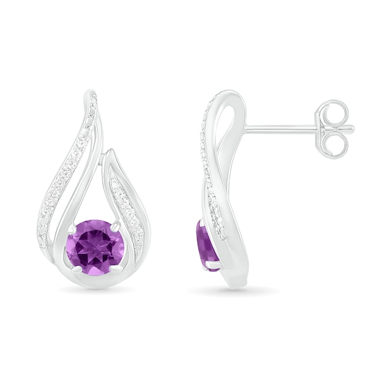 5.0mm Amethyst and 0.065 CT. T.W. Diamond Beaded Open Flame Stud Earrings in Sterling Silver