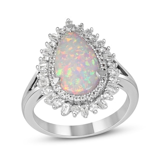 Pear-Shaped Lab-Created Opal and White Lab-Created Sapphire Double Shadow Frame Split Shank Ring in Sterling Silver