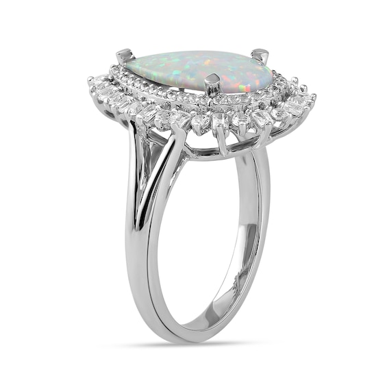 Pear-Shaped Lab-Created Opal and White Lab-Created Sapphire Double Shadow Frame Split Shank Ring in Sterling Silver