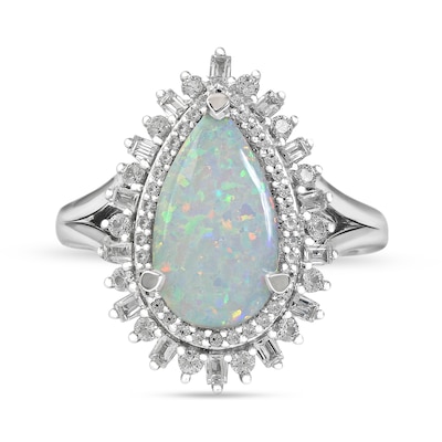 Pear-Shaped Lab-Created Opal and White Lab-Created Sapphire Double Shadow Frame Split Shank Ring in Sterling Silver