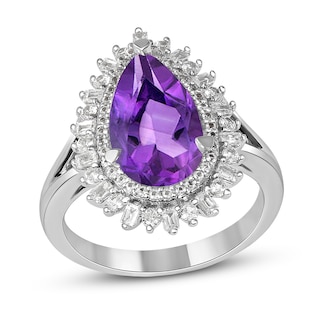 Pear-Shaped Amethyst and White Lab-Created Sapphire Double Shadow Frame Split Shank Ring in Sterling Silver