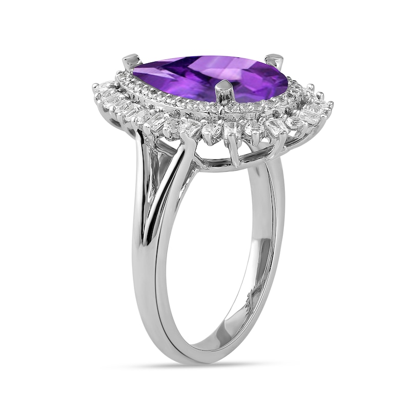 Pear-Shaped Amethyst and White Lab-Created Sapphire Double Shadow Frame Split Shank Ring in Sterling Silver