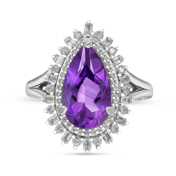 Pear-Shaped Amethyst and White Lab-Created Sapphire Double Shadow Frame Split Shank Ring in Sterling Silver