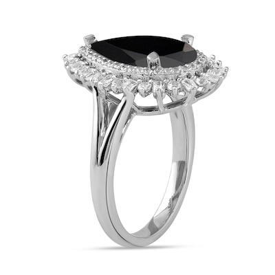 Pear-Shaped Onyx and White Lab-Created Sapphire Double Shadow Frame Split Shank Ring in Sterling Silver