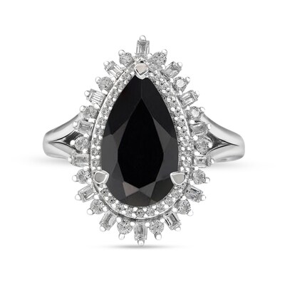 Pear-Shaped Onyx and White Lab-Created Sapphire Double Shadow Frame Split Shank Ring in Sterling Silver