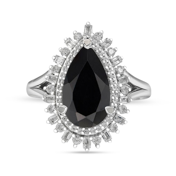 Pear-Shaped Onyx and White Lab-Created Sapphire Double Shadow Frame Split Shank Ring in Sterling Silver