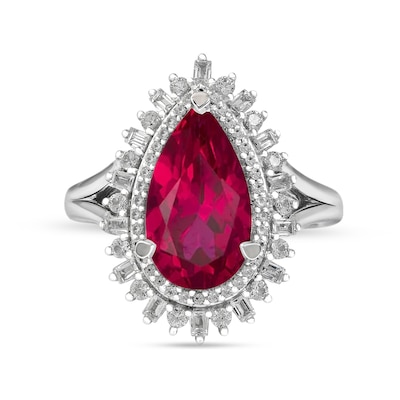 Pear-Shaped Lab-Created Ruby and White Lab-Created Sapphire Double Shadow Frame Split Shank Ring in Sterling Silver