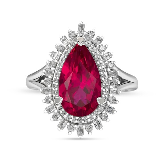 Pear-Shaped Lab-Created Ruby and White Lab-Created Sapphire Double Shadow Frame Split Shank Ring in Sterling Silver