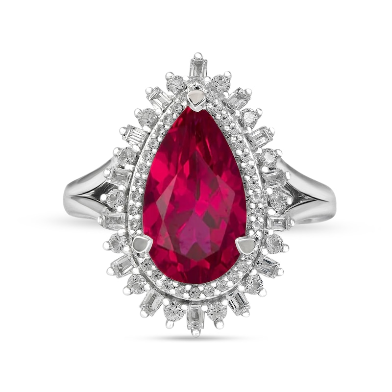 Pear-Shaped Lab-Created Ruby and White Lab-Created Sapphire Double Shadow Frame Split Shank Ring in Sterling Silver|Peoples Jewellers