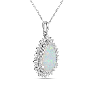 Pear-Shaped Lab-Created Opal and White Lab-Created Sapphire Double Shadow Frame Drop Pendant in Sterling Silver