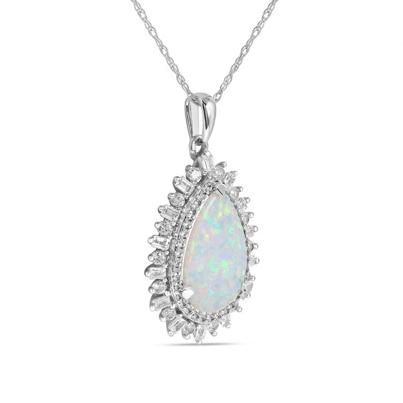 Pear-Shaped Lab-Created Opal and White Lab-Created Sapphire Double Shadow Frame Drop Pendant in Sterling Silver