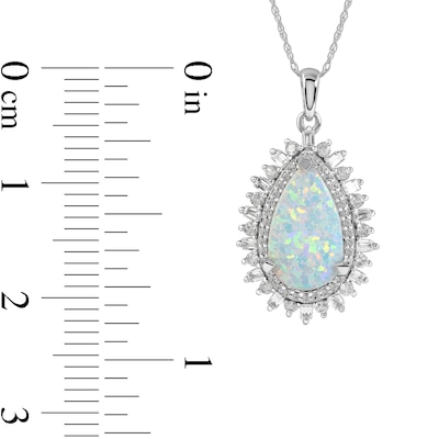 Pear-Shaped Lab-Created Opal and White Lab-Created Sapphire Double Shadow Frame Drop Pendant in Sterling Silver