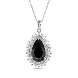 Pear-Shaped Onyx and White Lab-Created Sapphire Double Shadow Frame Drop Pendant in Sterling Silver