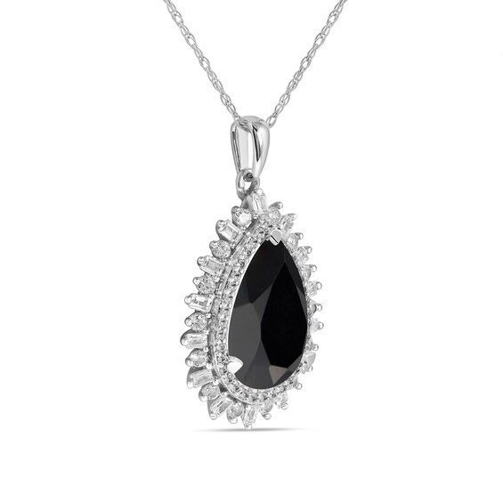 Pear-Shaped Onyx and White Lab-Created Sapphire Double Shadow Frame Drop Pendant in Sterling Silver