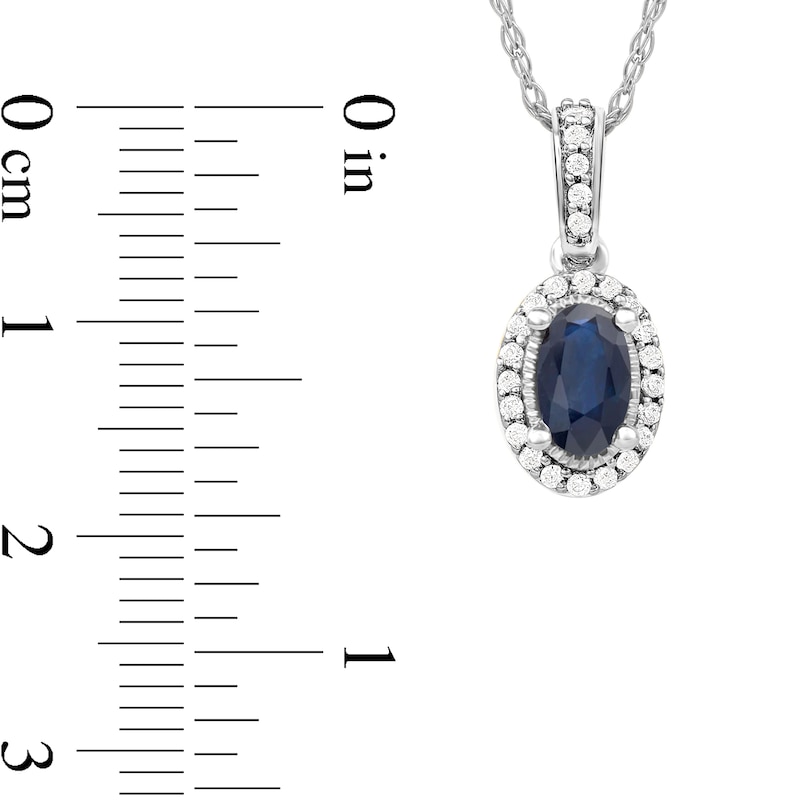 Main Image 5 of Oval Blue Sapphire and 0.06 CT. T.W. Diamond Framed Vintage-Style Drop Pendant in 10K White Gold